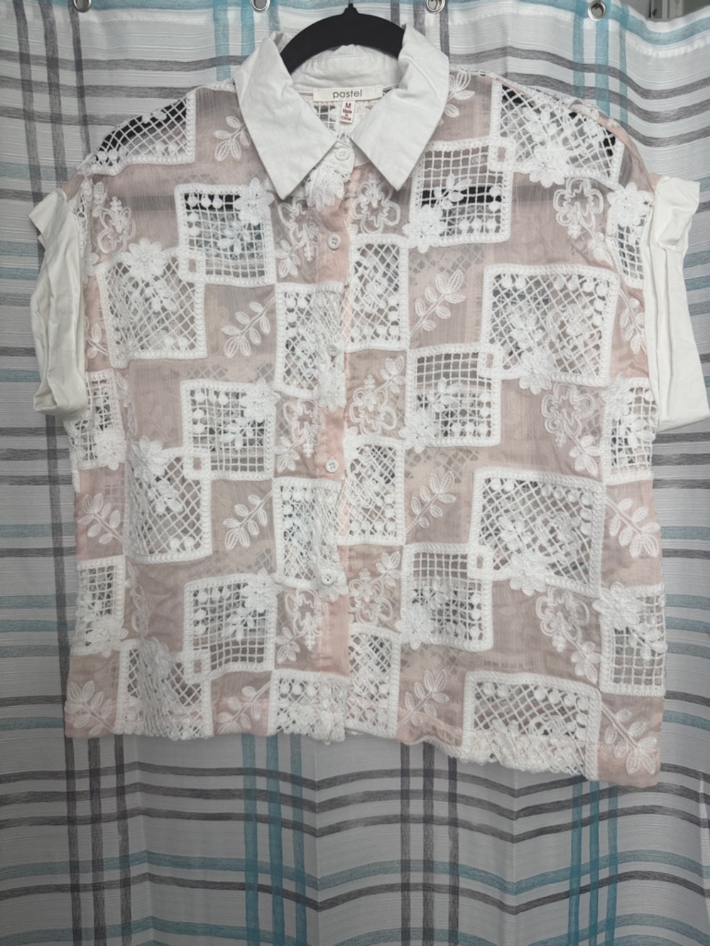 Pastels Sheer Lace Button-Down Top in White and Blush